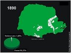 As regiões florestais são representadas em cor verde. </br></br> Palavra-chaves: Paraná, cobertura florestal, 1890.