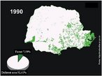 As regiões florestais são representadas em cor verde. </br></br> Palavra-chaves:  Paraná, cobertura florestal, 1990.