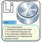 Imagem do smbolo qumico do Ltio (Li) e suas aplicaes. O Li tem nmero atmico (Z) = 3 e Massa Atmica (A) = 7, est localizado na grupo 1 ou famlia 1A e no 2o perodo da tabela peridica dos elementos qumicos, sua distribuio eletrnica  K2 L1. <br /><br /> Palavras-chave: ltio, smbolos qumicos, tabela peridica.