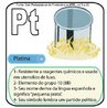 Imagem do smbolo qumico do Platina (Pt) e suas aplicaes. O Pt tem nmero atmico (Z) = 78 e Massa Atmica (A) = 195, est localizado na grupo 10 ou famlia 8B e no 6o perodo da tabela peridica dos elementos qumicos, sua distribuio eletrnica  K2 L8 M18 N32 O17 P1. <br /><br /> Palavras-chave: platina, smbolos qumicos, tabela peridica.