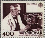 Alexander Fleming (1881 - 1955) foi o descobridor da proteína antimicrobiana chamada lisozima e do antibiótico penicilina obtido a partir do fungo Penicillium notatum. A imagem é de Fleming num selo das Ilhas Faroe. <br /><br /> Palavras-chave: Alexander Fleming, antibiótico, lisozima, penicilina.