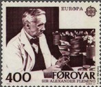 Alexander Fleming (1881 - 1955) foi o descobridor da protena antimicrobiana chamada lisozima e do antibitico penicilina obtido a partir do fungo Penicillium notatum. A imagem  de Fleming num selo das Ilhas Faroe. <br /><br /> Palavras-chave: Alexander Fleming, antibitico, lisozima, penicilina.